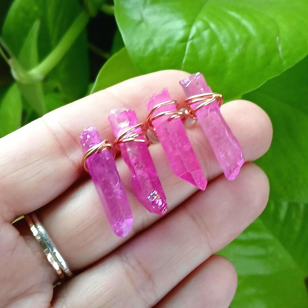 Pink Aura Quartz Crystal Point Stud Earrings, Boho Chic Copper Artisan 1"